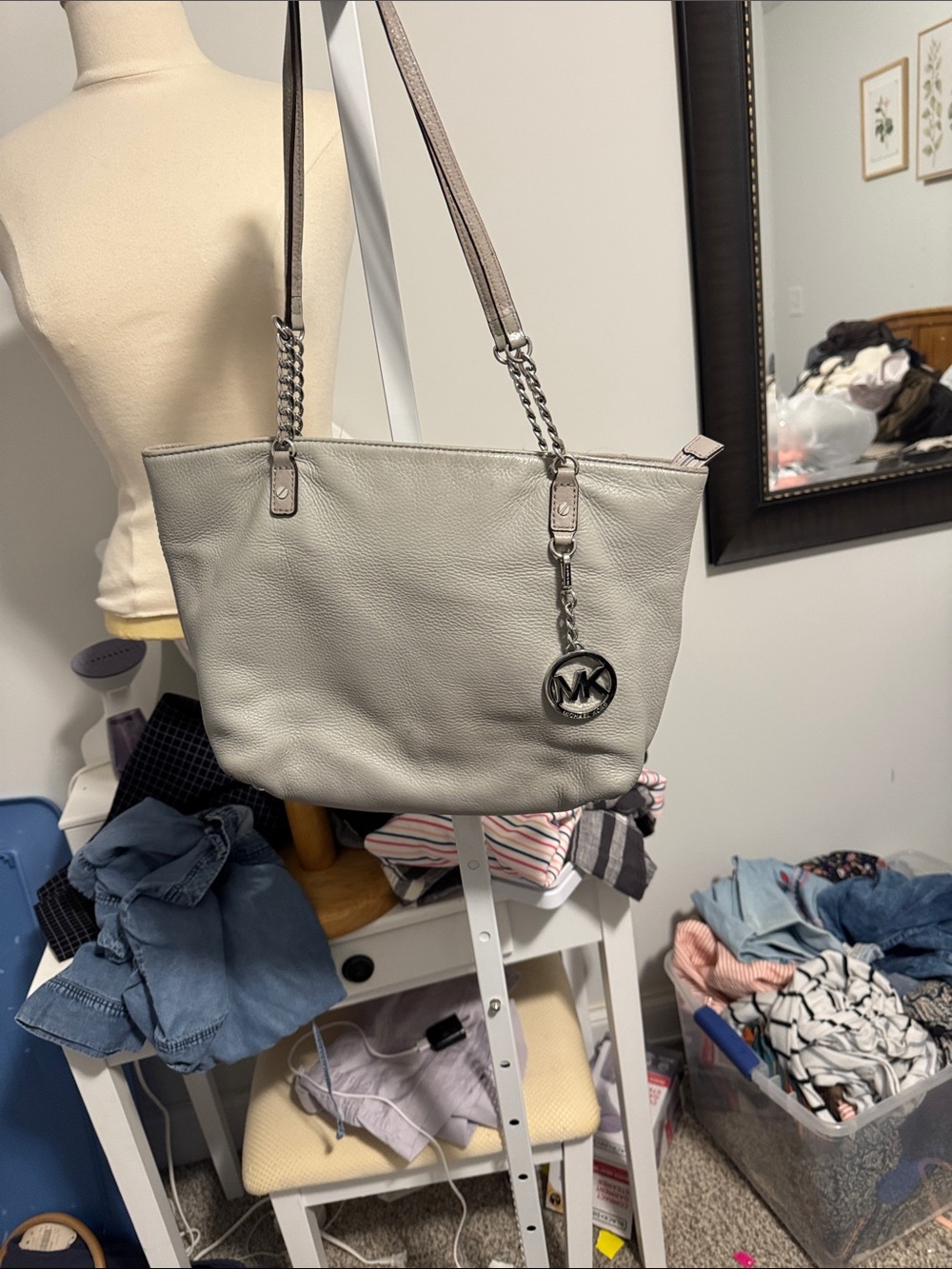 Michael Kors Pebbled Leather Tote in Light Gray with Chain-Strap